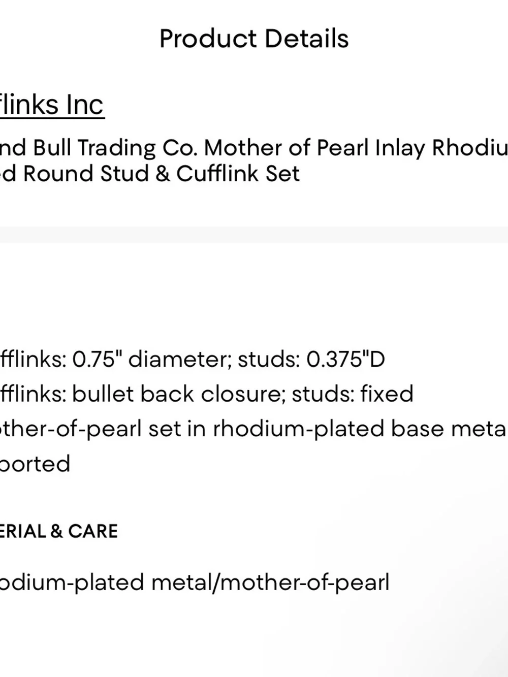 Mother of Pearl Inlay Rhodium Plated Round Stud and Cufflink Set